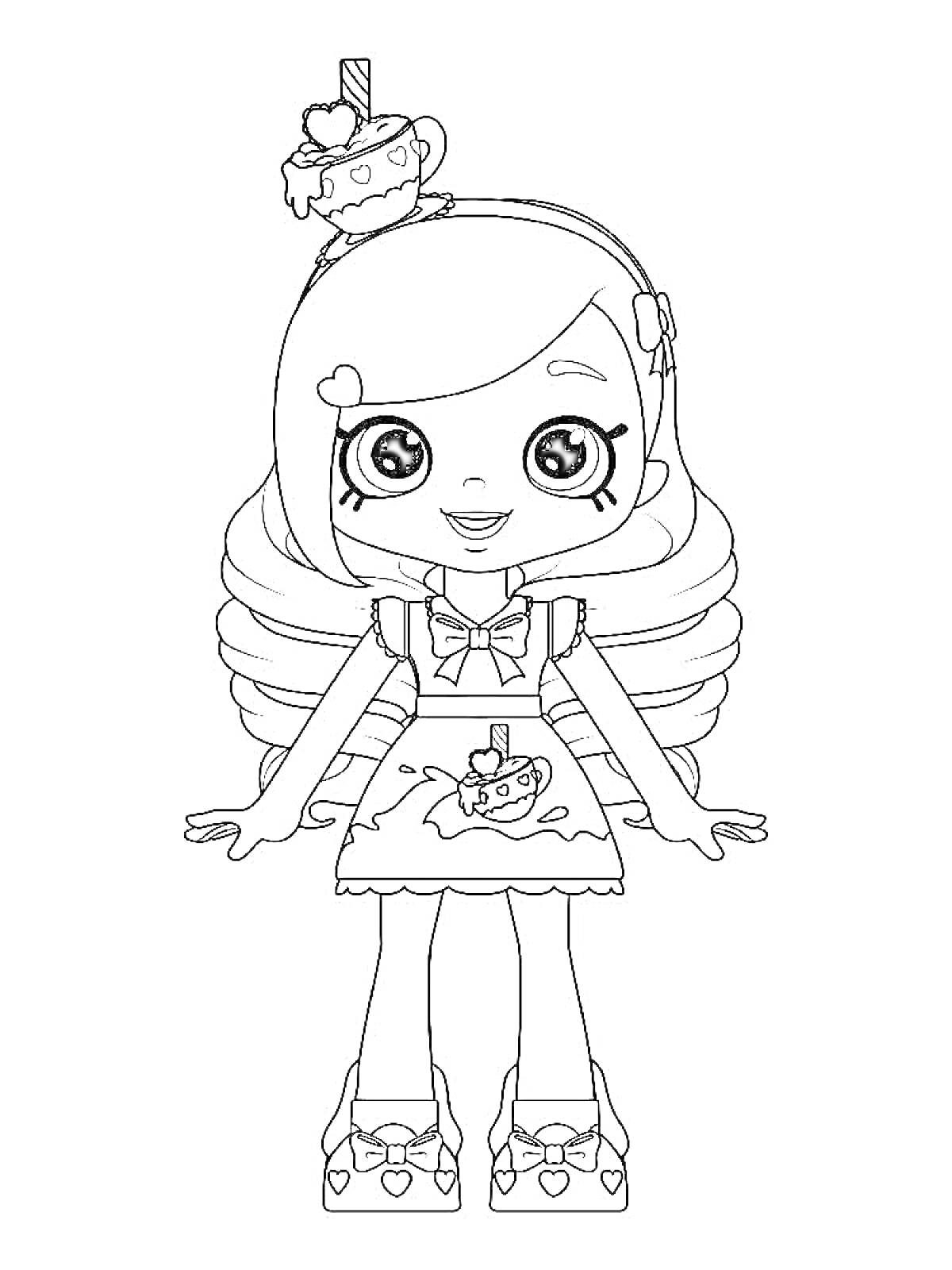 Раскраска Девочка с чашкой чая на голове, платье с мороженым, бантики на голове и обуви, длинные волосы