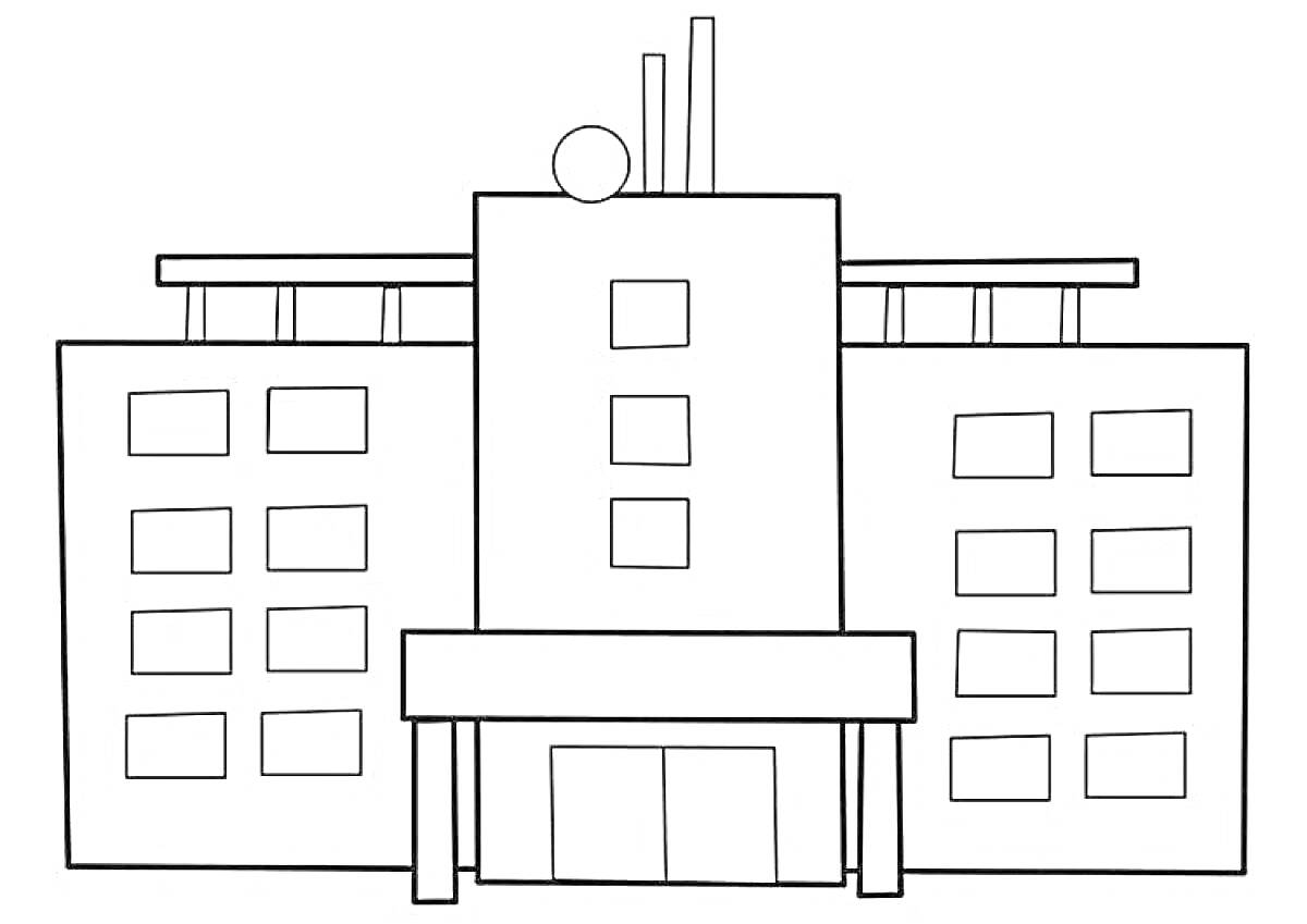 Раскраска Здание с пятью квадратными окнами по бокам и тремя прямоугольными окнами в центре, крыша с трубами и куполом