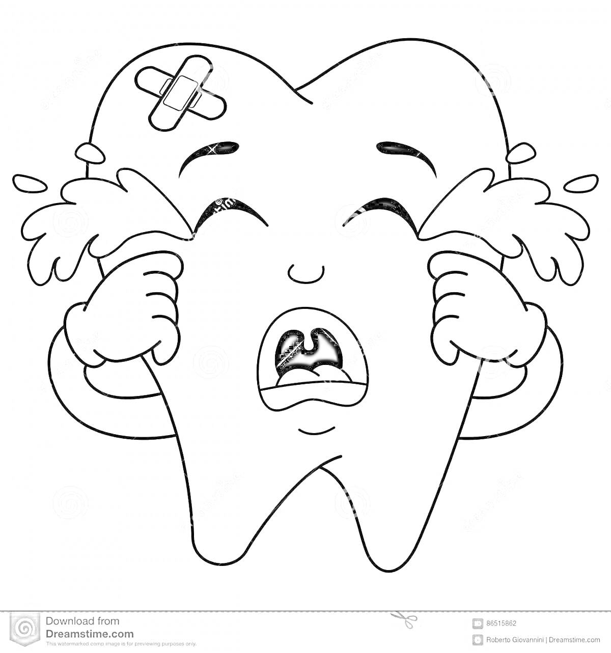 Раскраска Зуб с пластырем на голове, плачущий с поднятыми руками и слезами