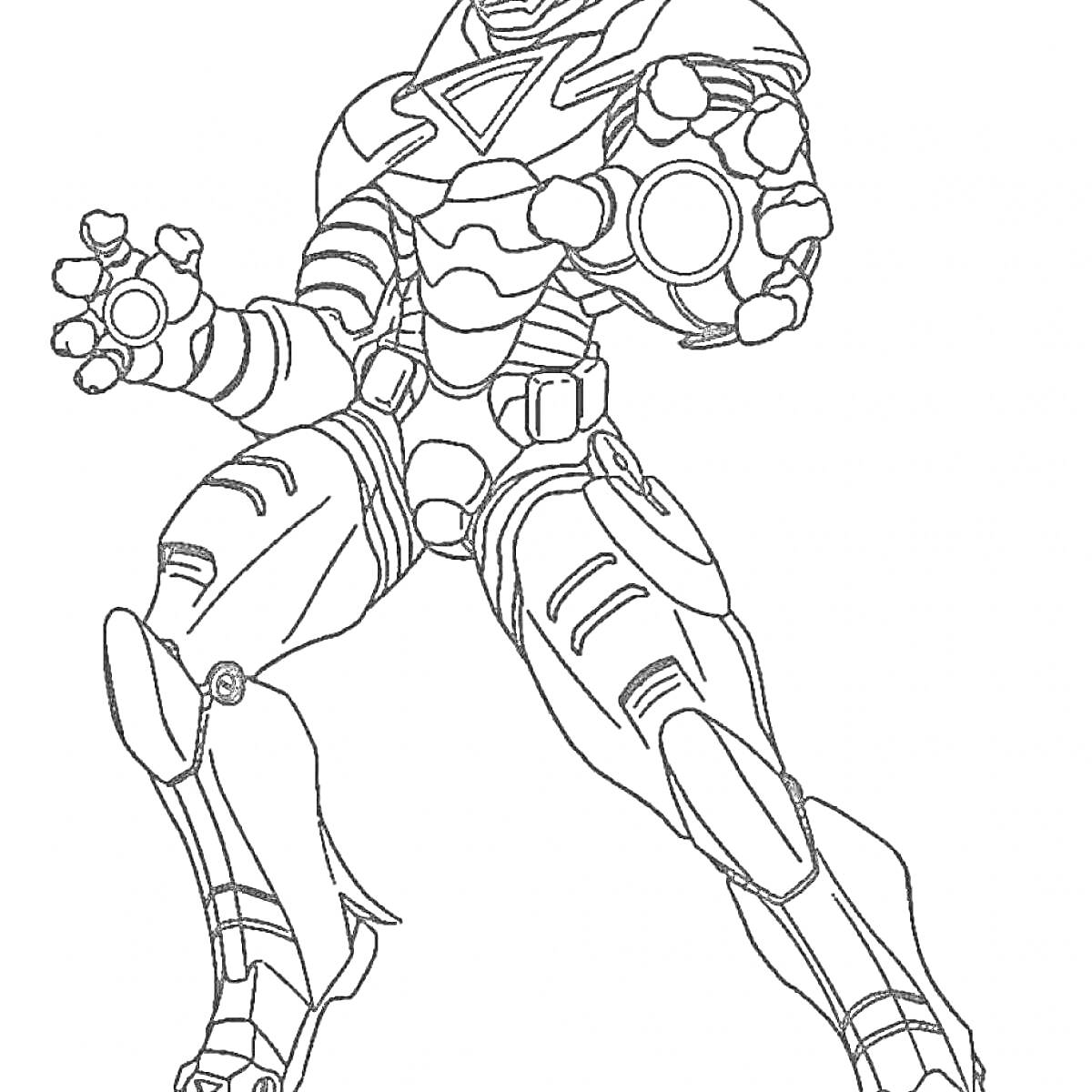Раскраска Железный Человек в боевой позе с вытянутой вперед рукой и распущенными пальцами