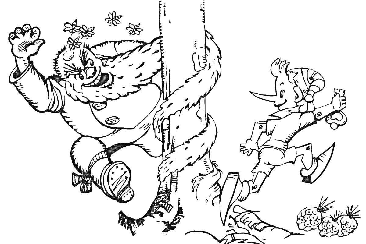 На раскраске изображено: Буратино, Медведь, Улей, Пчёлы, Деревья