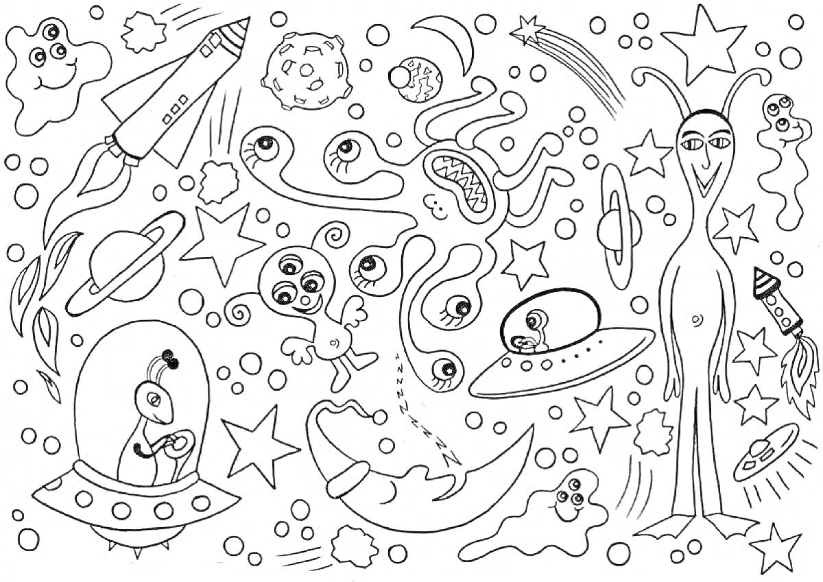 На раскраске изображено: Космос, Ракета, Звезды, Планеты, Инопланетяне, Летающие тарелки