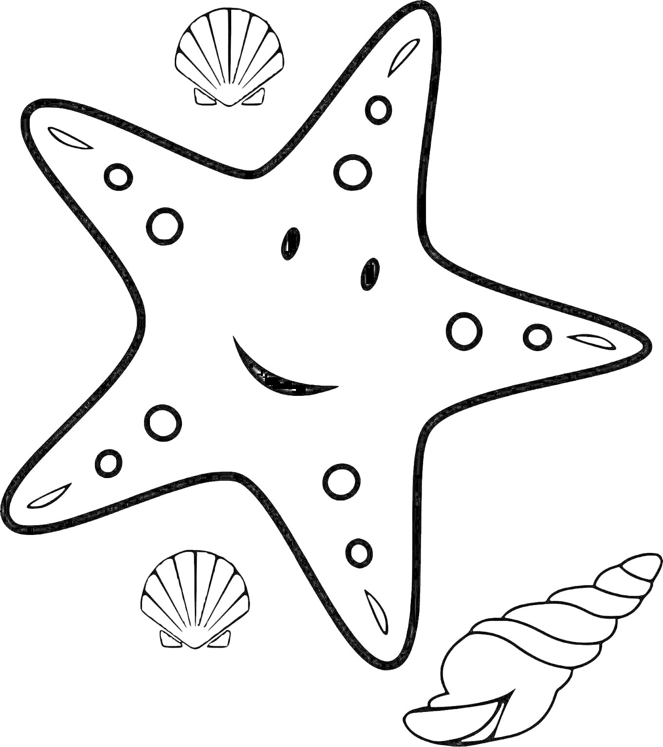 На раскраске изображено: Морская звезда, Ракушка, Морские обитатели, 3-4 года, Океан, Подводный мир, Морская жизнь