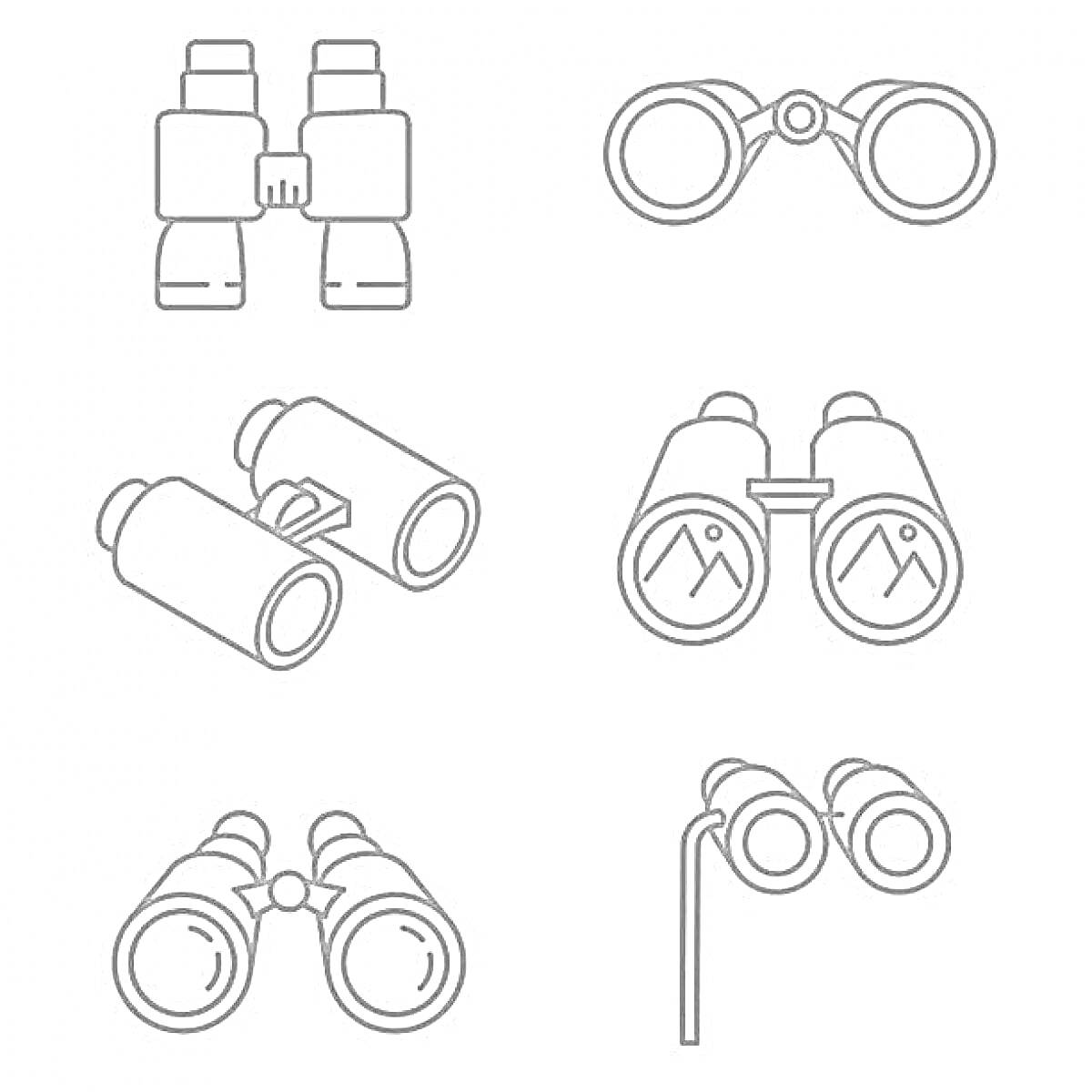 Раскраска Шесть видов биноклей (с ручками, без ручек, с узором, с выступающими частями)