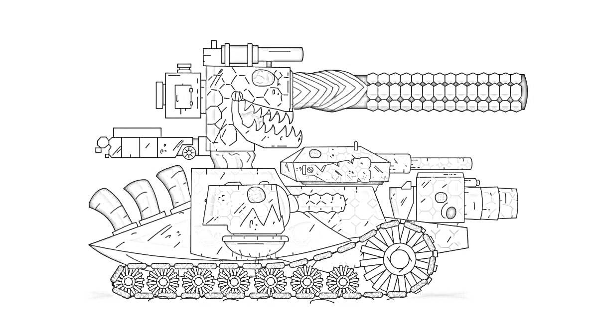 Раскраска Левиафан – танк с крупнокалиберным пулеметом, броней с глазами, гусеницами и элементами защиты