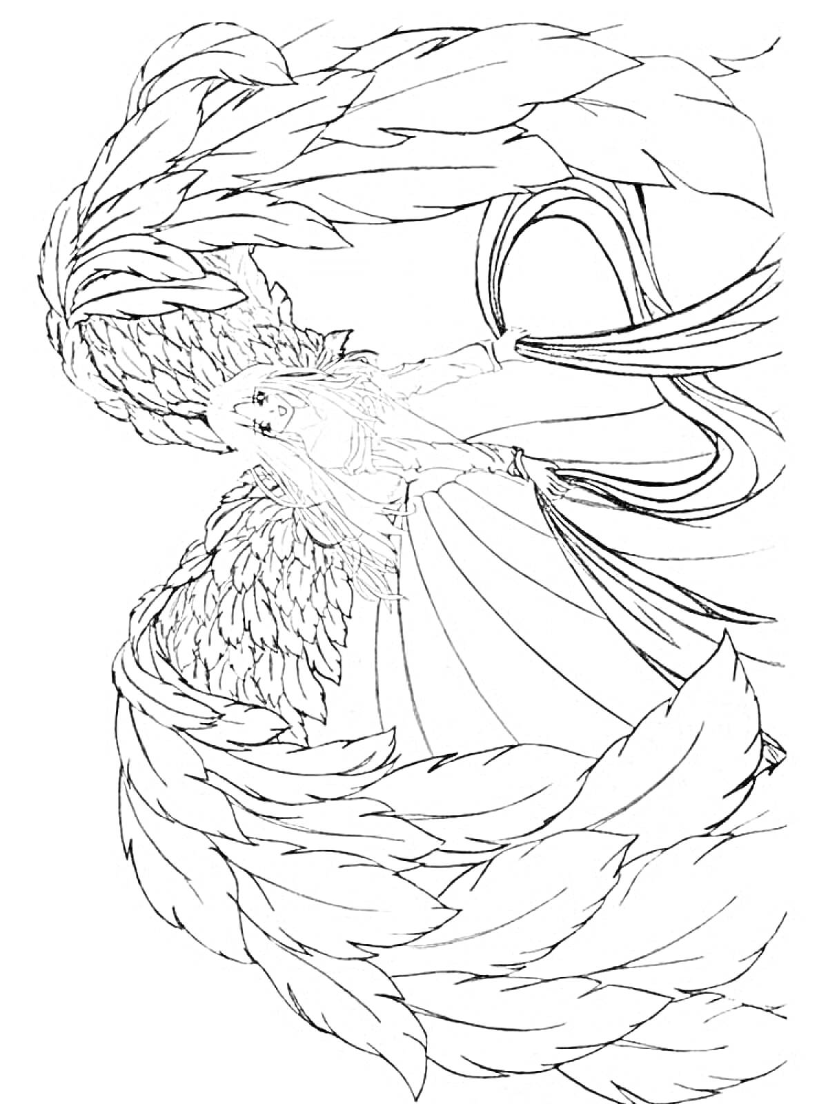 На раскраске изображено: Ангел, Аниме, Крылья, Развевающиеся волосы, Платье, Линии, Лента, Контурные рисунки