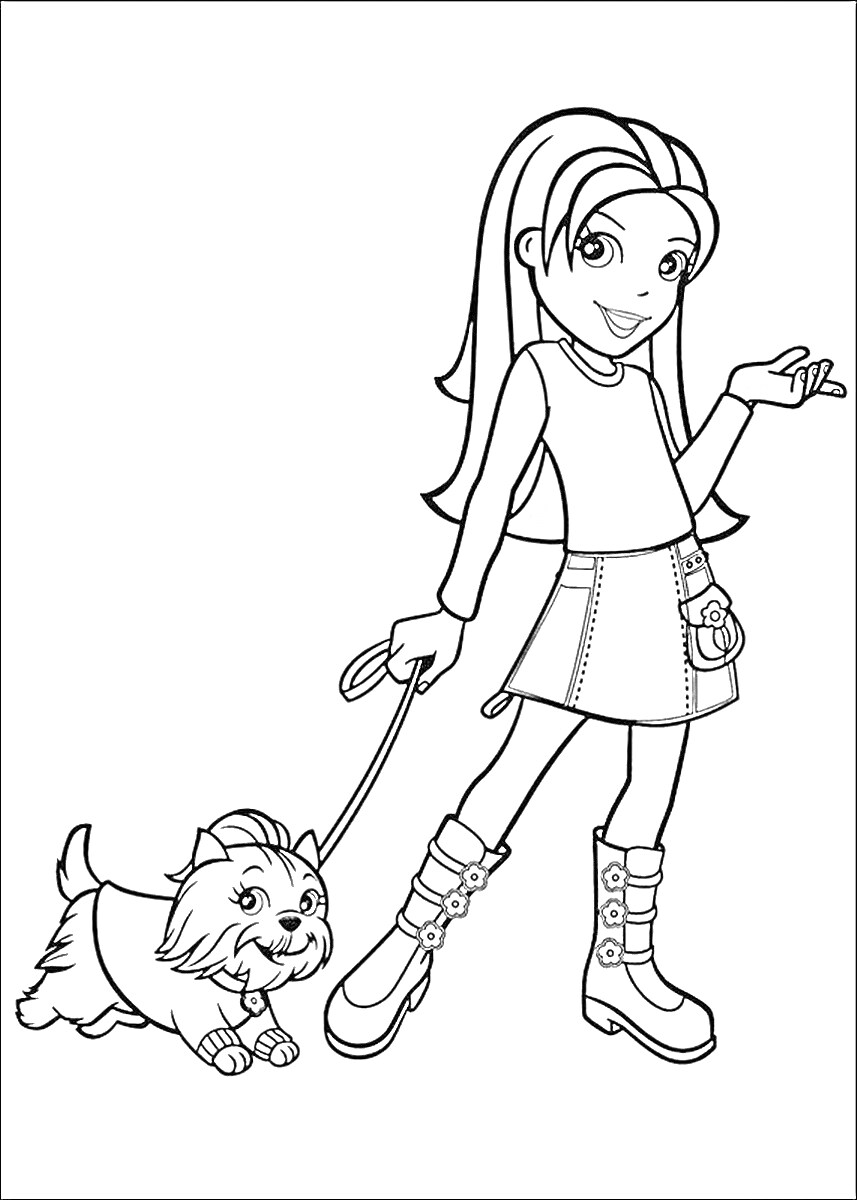Раскраска Полли Покет с собакой на прогулке