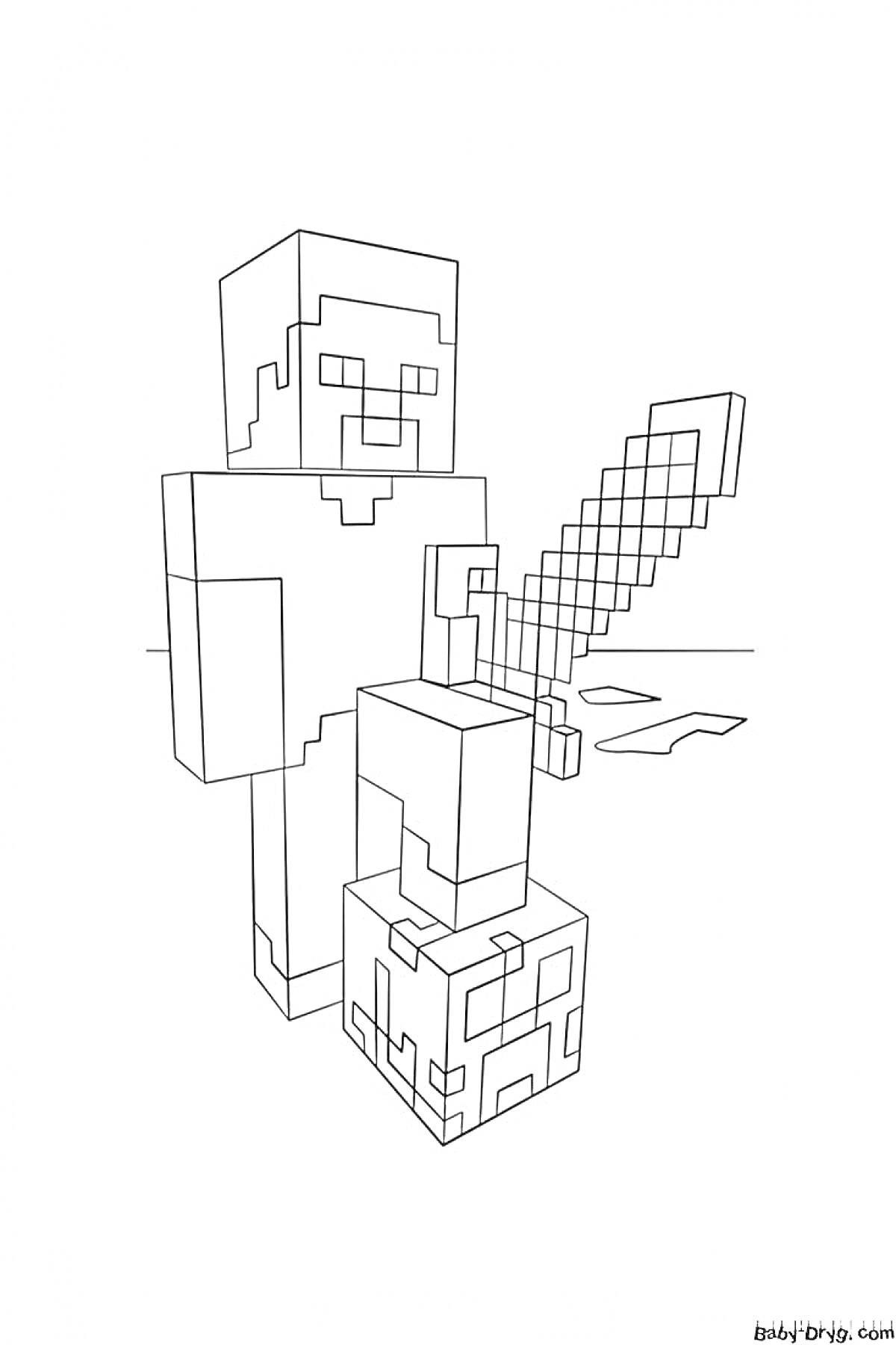 На раскраске изображено: Minecraft, Персонаж, Меч, Голова, Пиксель-арт, Компьютерная игра, Блоки