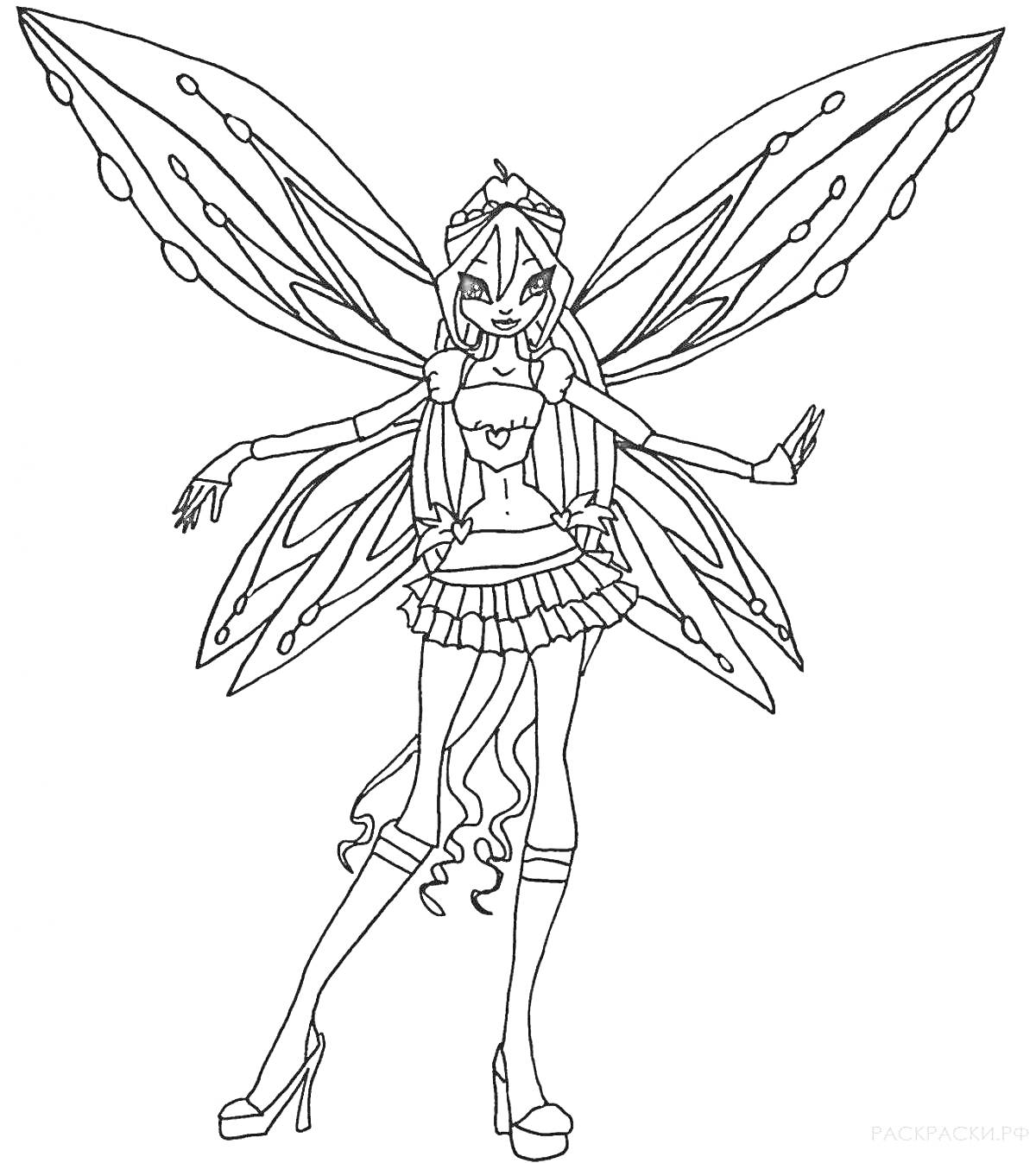 Раскраска Блум винкс в феечном наряде с длинными волосами, крыльями и высокими каблуками