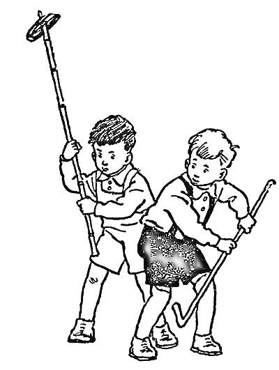 Раскраска Два мальчика с палками и шляпой