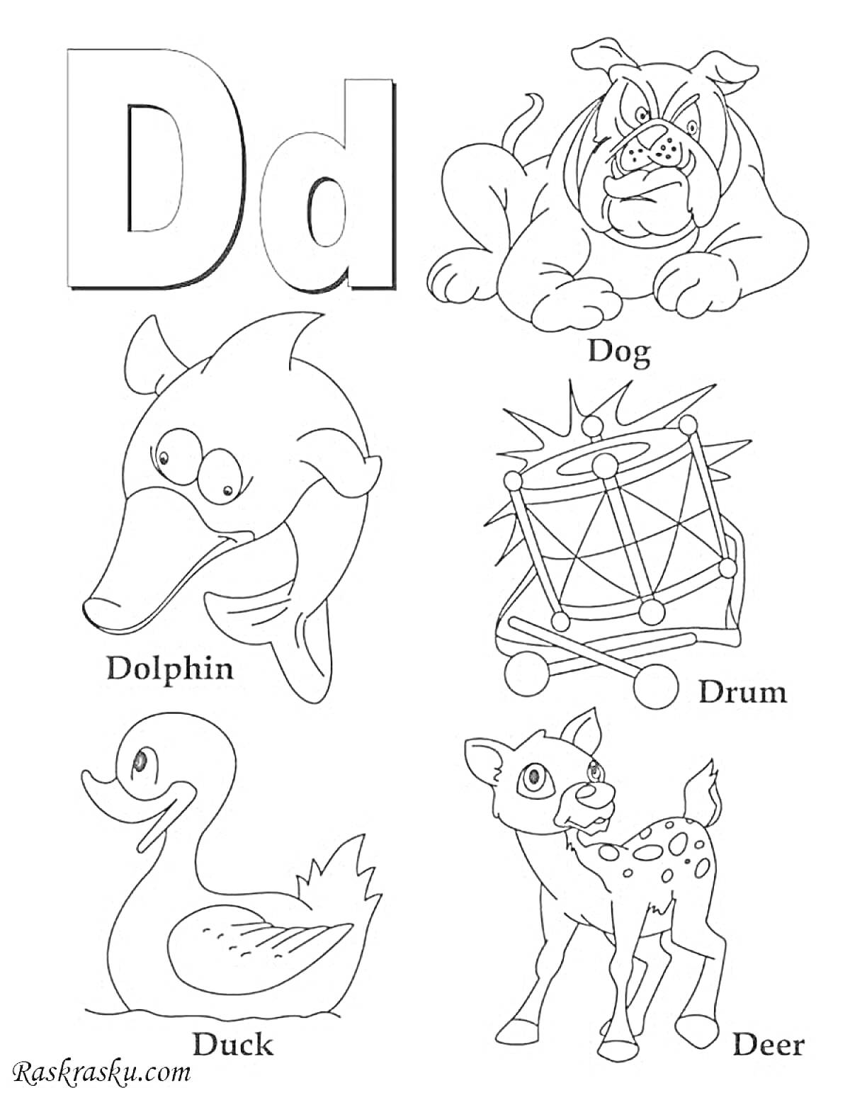 Раскраска Английский алфавит. Буква D. Собака, дельфин, барабан, утка, олень.