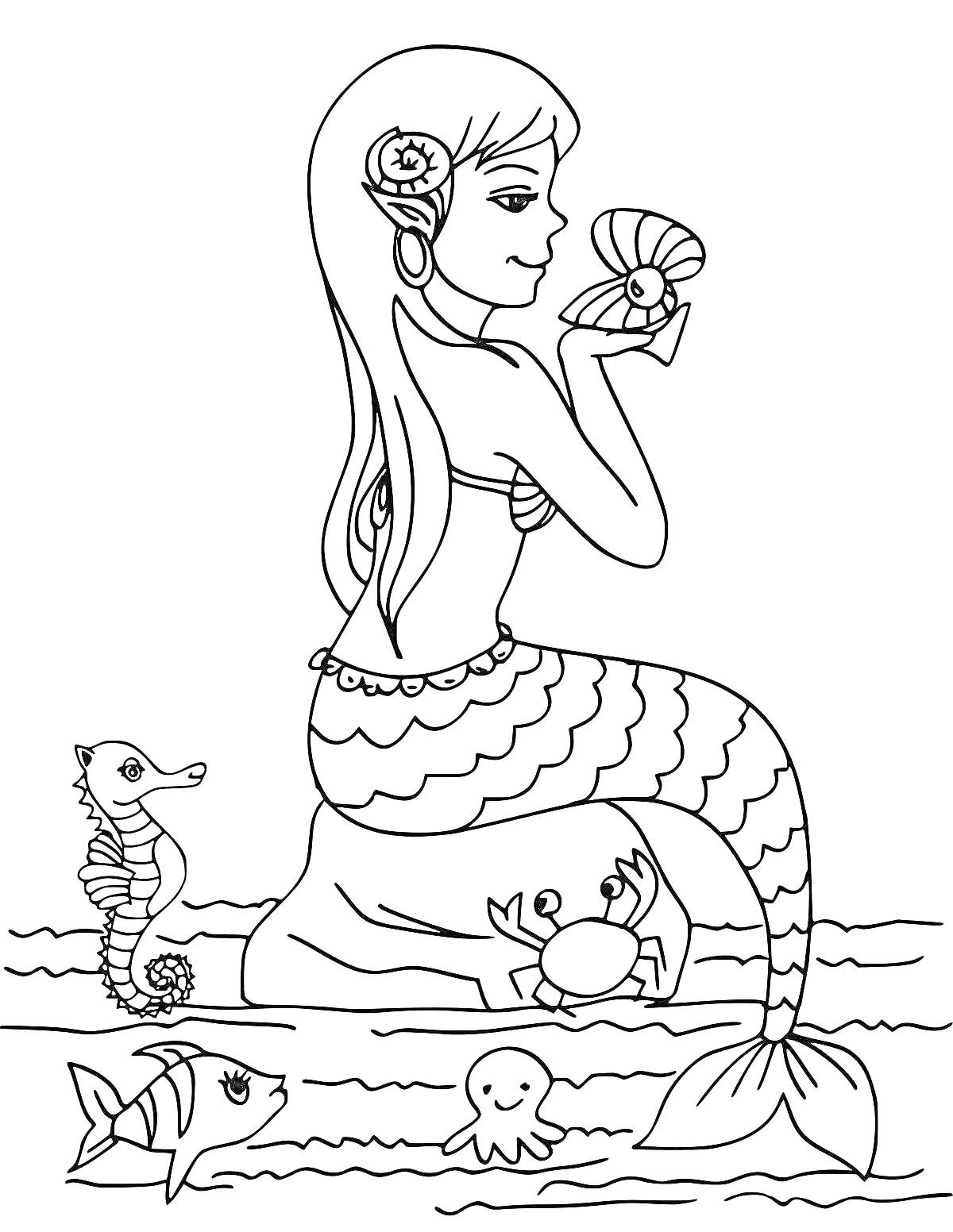Раскраска Русалка с ракушкой, морской конёк, рыба, краб, осьминог