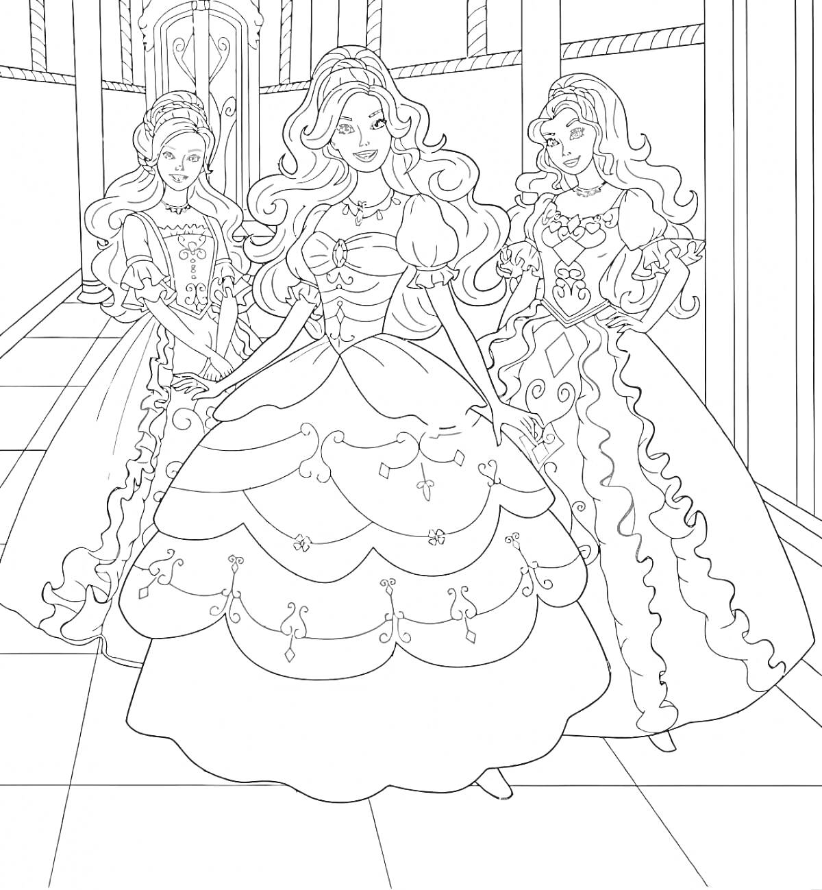РаскраскаТри куклы Барби в элегантных платьях в коридоре
