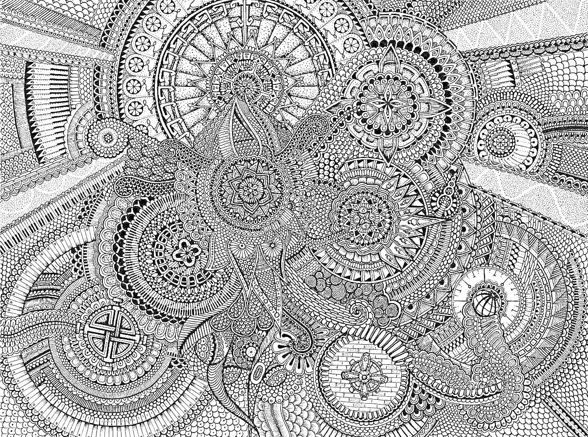Раскраска Комплексные геометрические узоры со спиралями, кругами, линиями и сетками