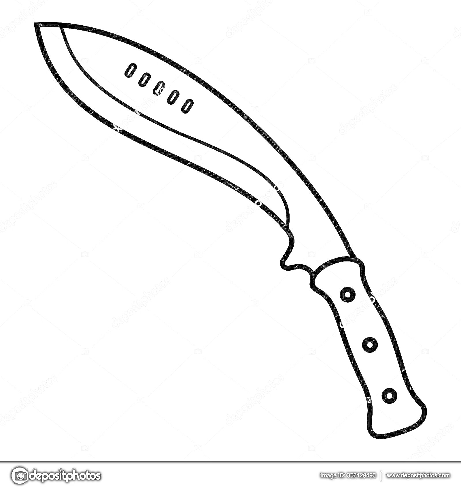 На раскраске изображено: Мачете, Нож, Оружие, Инструмент, Клинок, Заклепки, Прорези