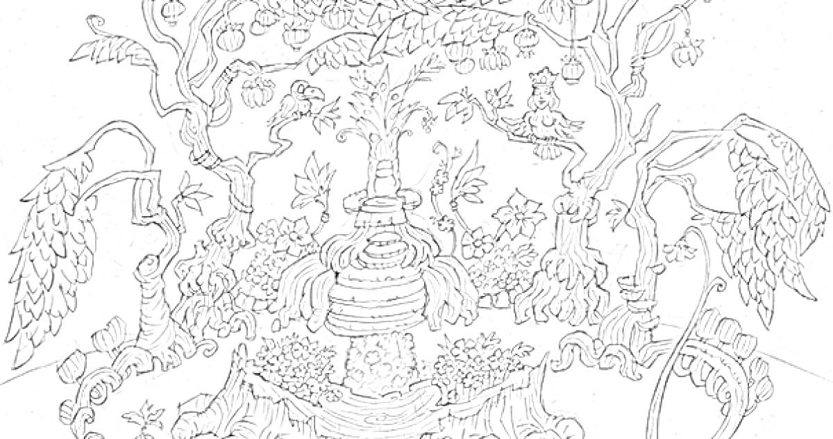 Раскраска Волшебный дуб и фонтан с птицами и растительностью в сказочном лесу