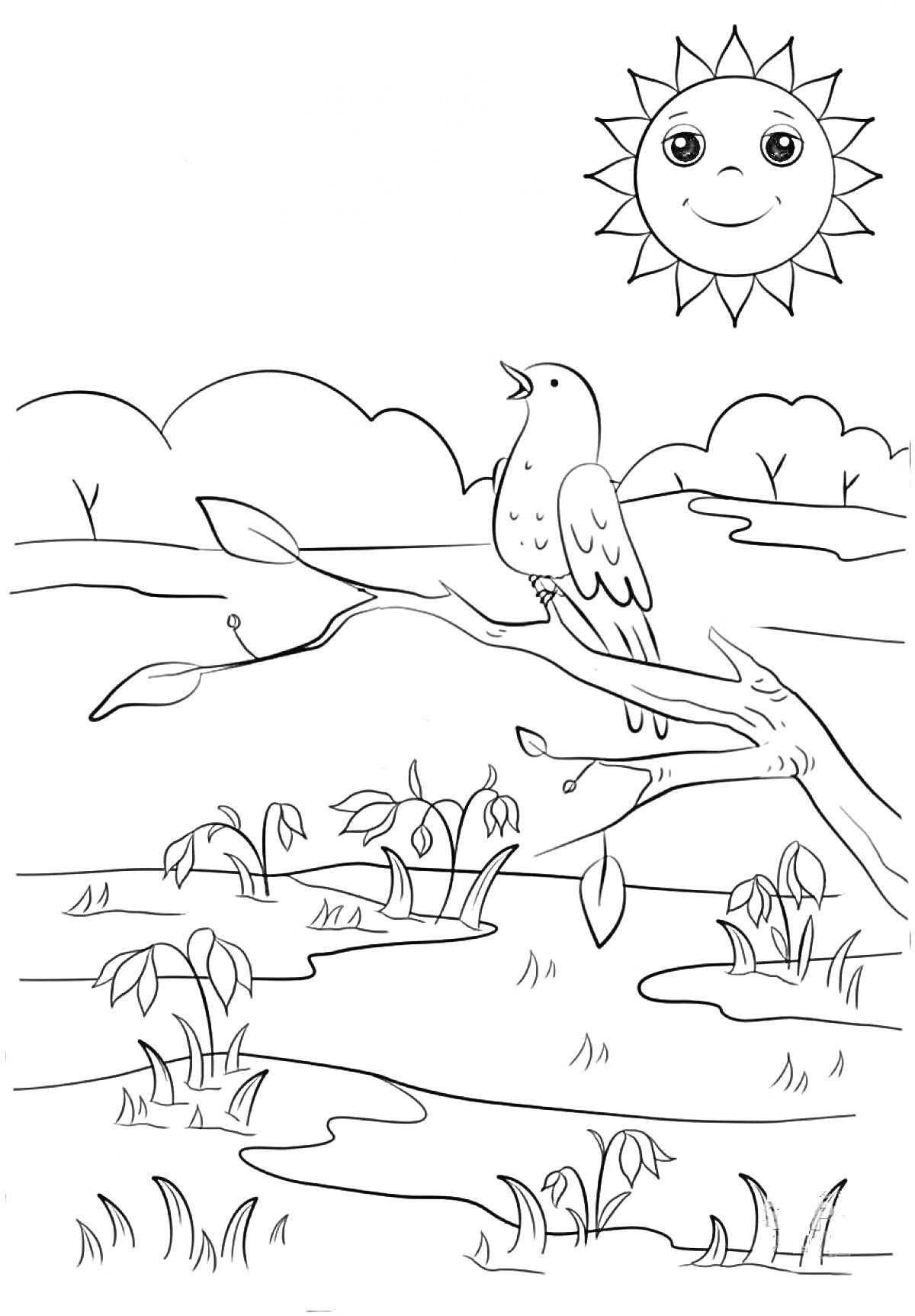 Раскраска Птица на ветке в весеннем пейзаже с цветами, улыбающимся солнцем и облаками