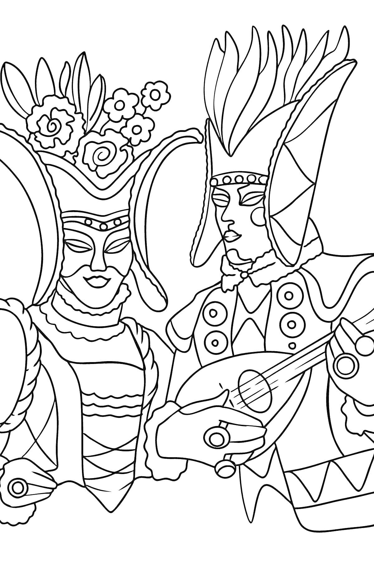 Раскраска Два человека в карнавальных костюмах с экстравагантными головными уборами; один из них играет на мандолине