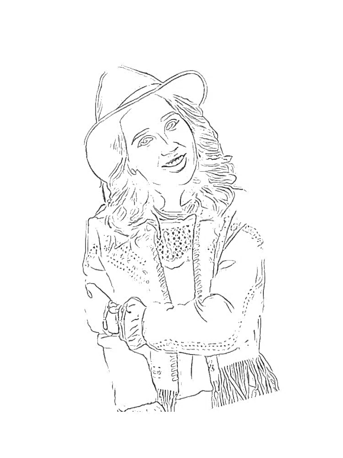 Раскраска Девушка в шляпе с длинными волосами