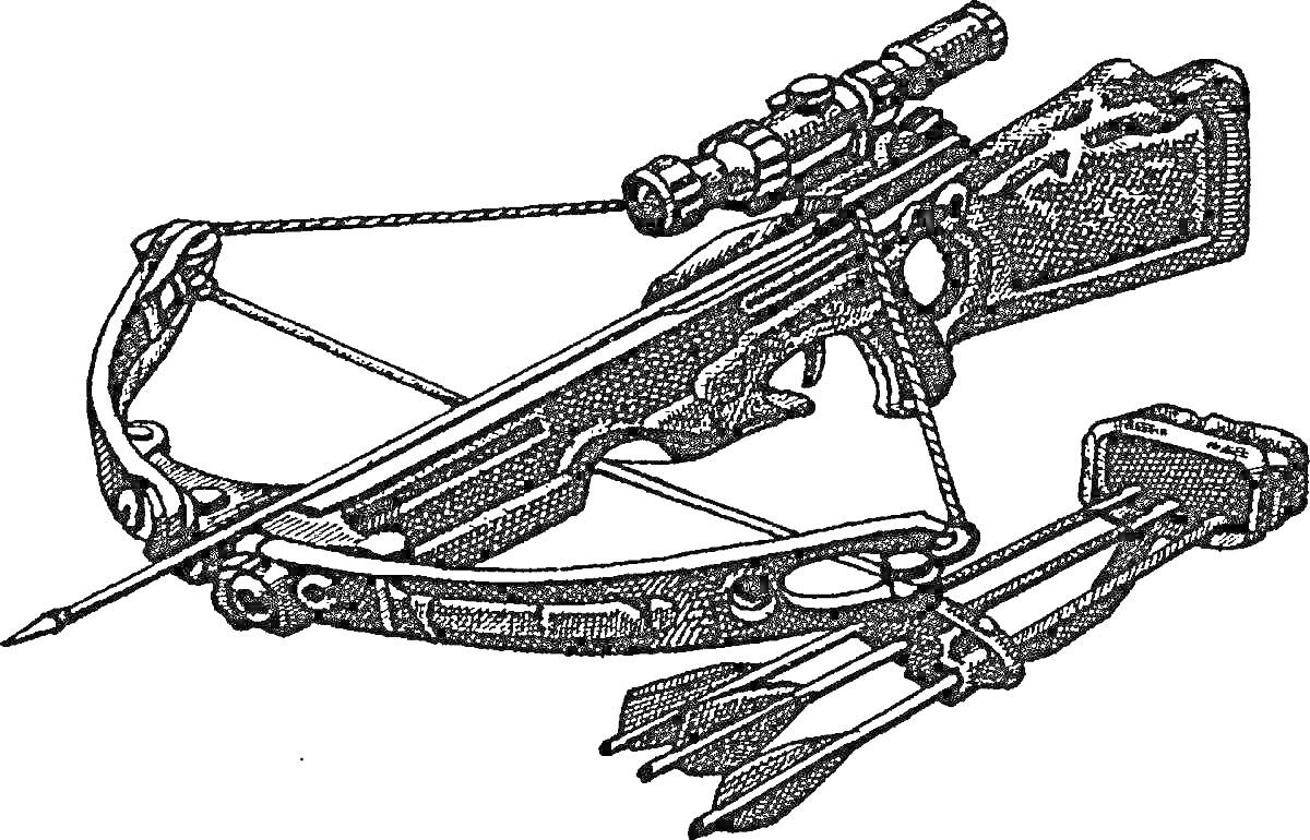 На раскраске изображено: Арбалет, Оружие, Прицел, Активный отдых, Средневековье
