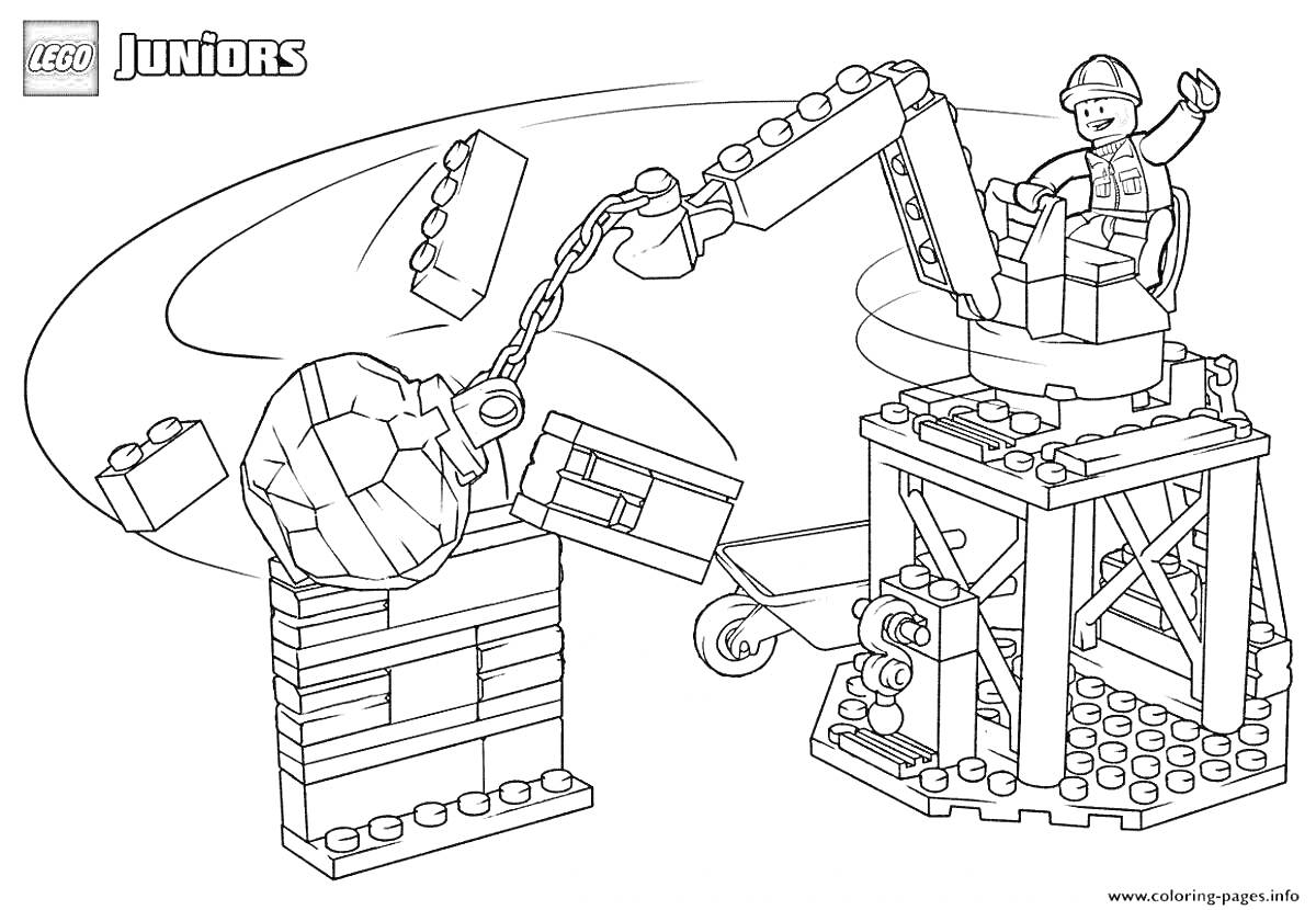 Раскраска Лего кран с разрушительным мячом, фигурка строителя, башня из кубиков