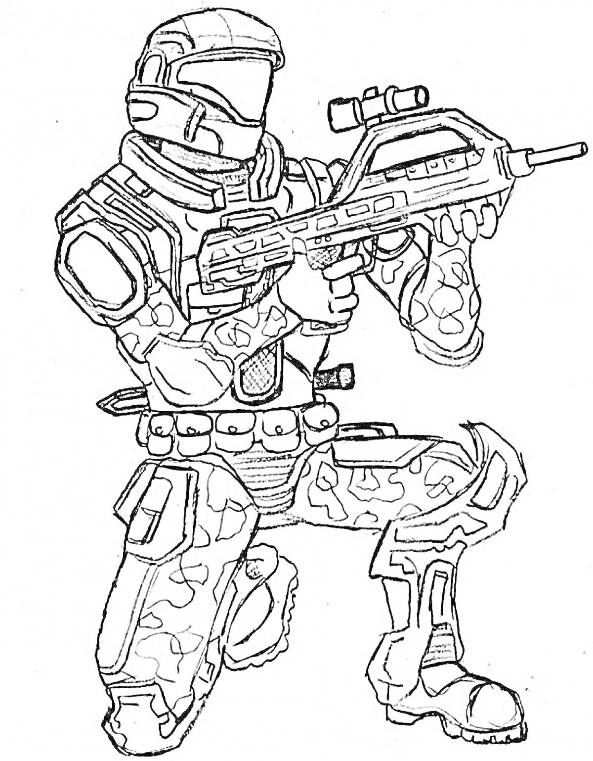 На раскраске изображено: Солдат, Автомат, Оружие, Камуфляж, Спецназ
