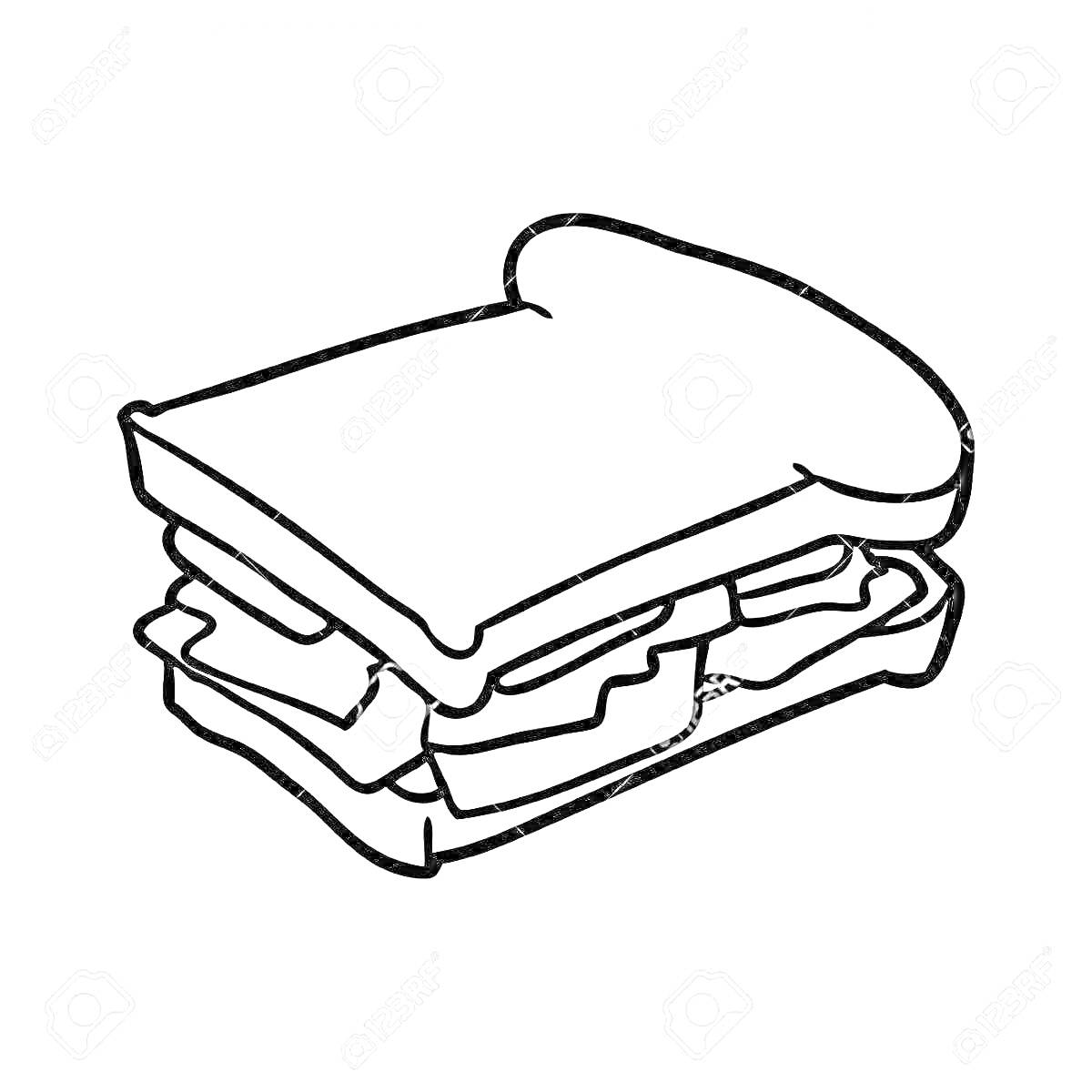 На раскраске изображено: Сэндвич, Хлеб, Сыр, Салат, Еда, Для детей, Бутерброд, Еда для детей