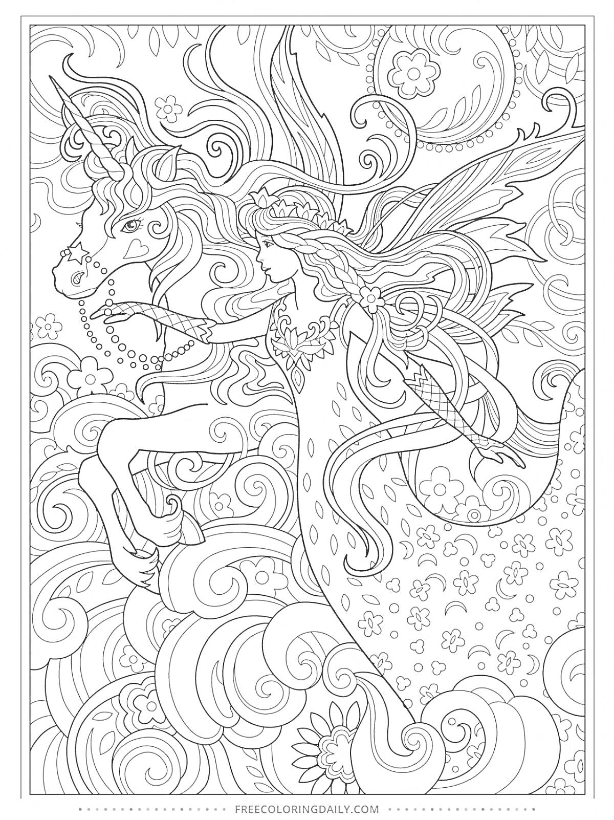 На раскраске изображено: Принцесса, Крылья, Цветы, Узоры, Волны