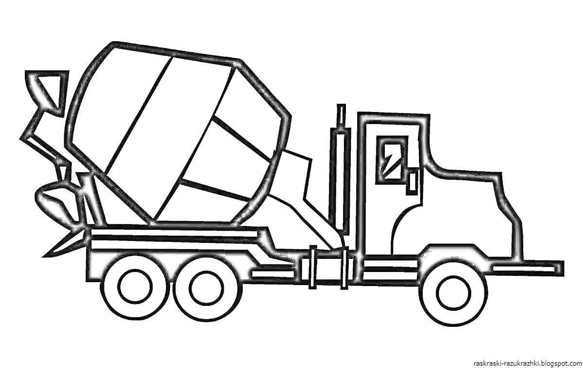 Раскраска Грузовик с бетономешалкой, два задних колеса, одна задняя бетономешалка, кабина водителя