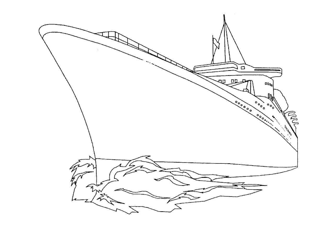 На раскраске изображено: Корабль, Волны, Море, Транспорт, Судно, Вода