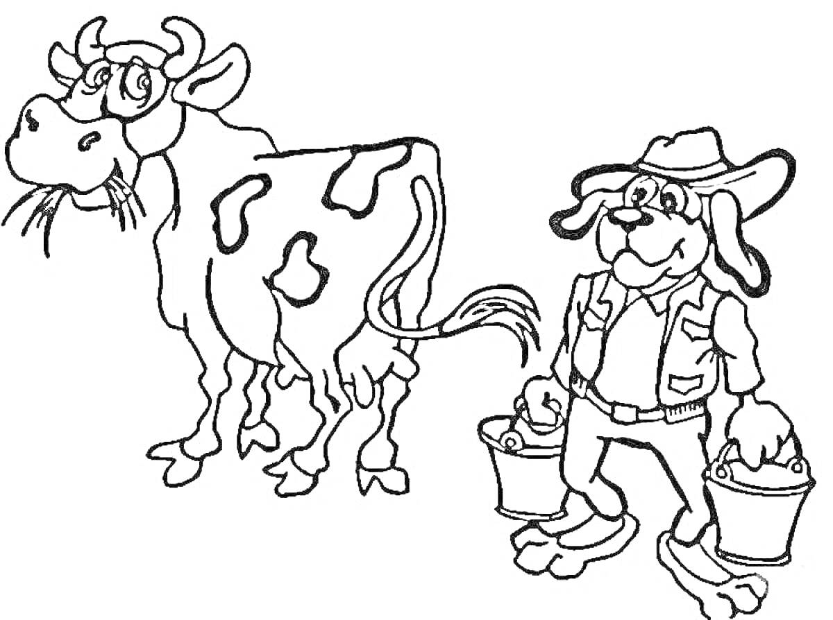 Раскраска Собака-фермер с двумя ведрами и корова рядом
