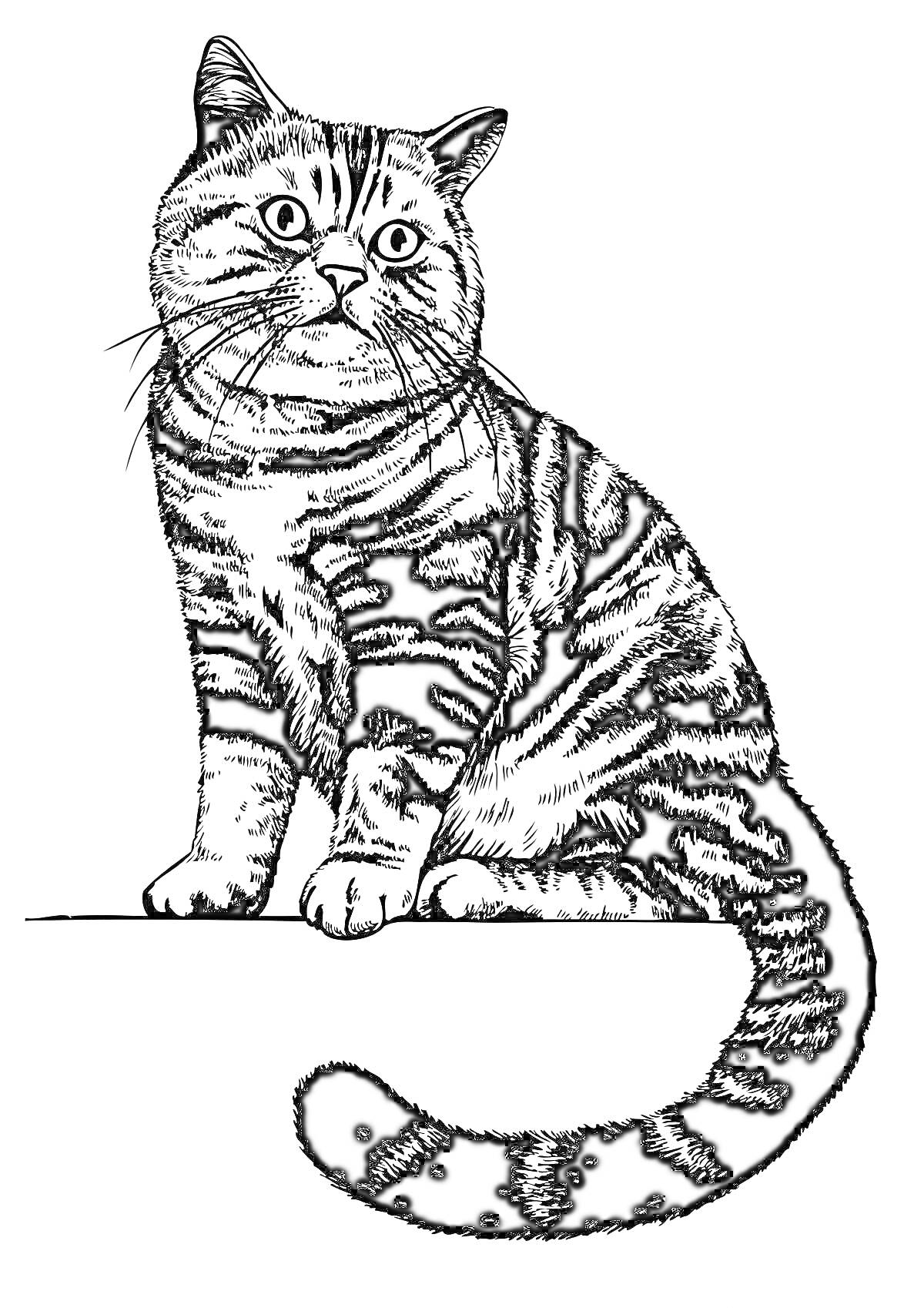На раскраске изображено: Кот, Полосатый кот, Сидящий кот, Графика