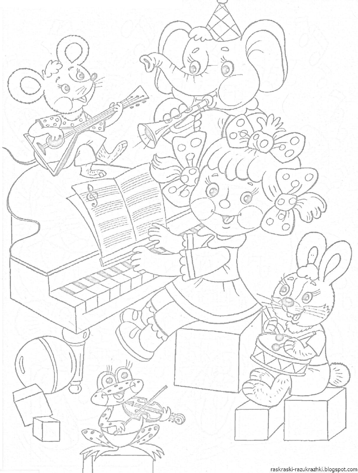 На раскраске изображено: Музыкальные инструменты, Пианино, Балалайка, Труба, Скрипка, Барабан, Животные