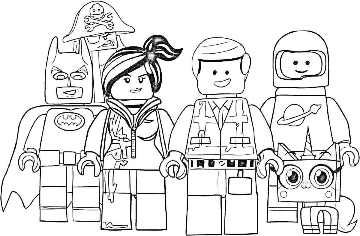 Раскраска фигурки Лего персонажей: Бэтмен, пират, девушка с хвостиком, мужчина в жилете, космонавт и кошка-робот