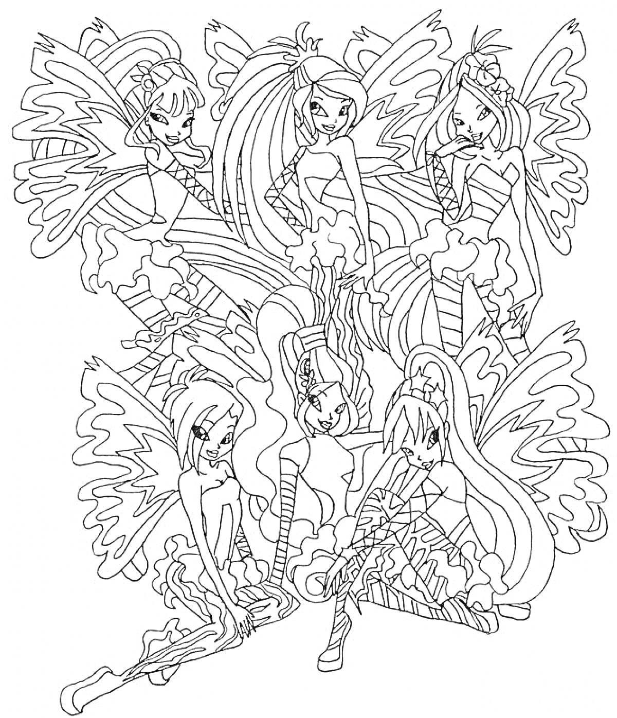 Раскраска Феи Винкс в костюмах Сиреникс с крыльями