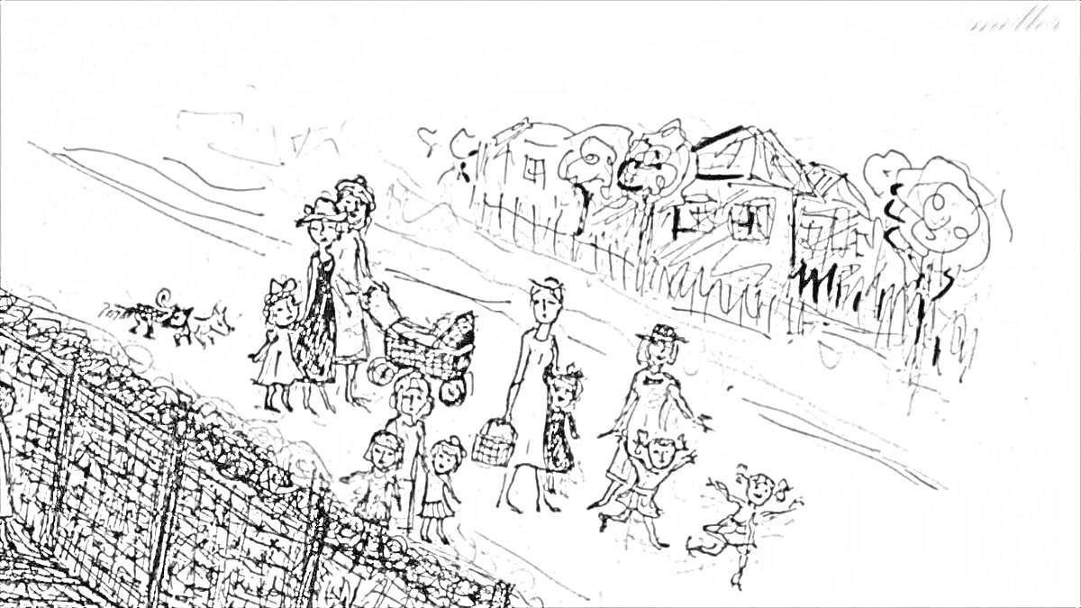 Раскраска группа людей, среди которых дети и взрослые, идёт по дороге мимо железной решетки, вдалеке видны кукольные домики