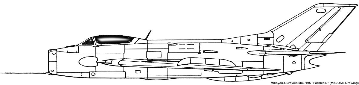Чертеж самолета Миг-21 с детализированным изображением корпуса, кабины и хвостовой части