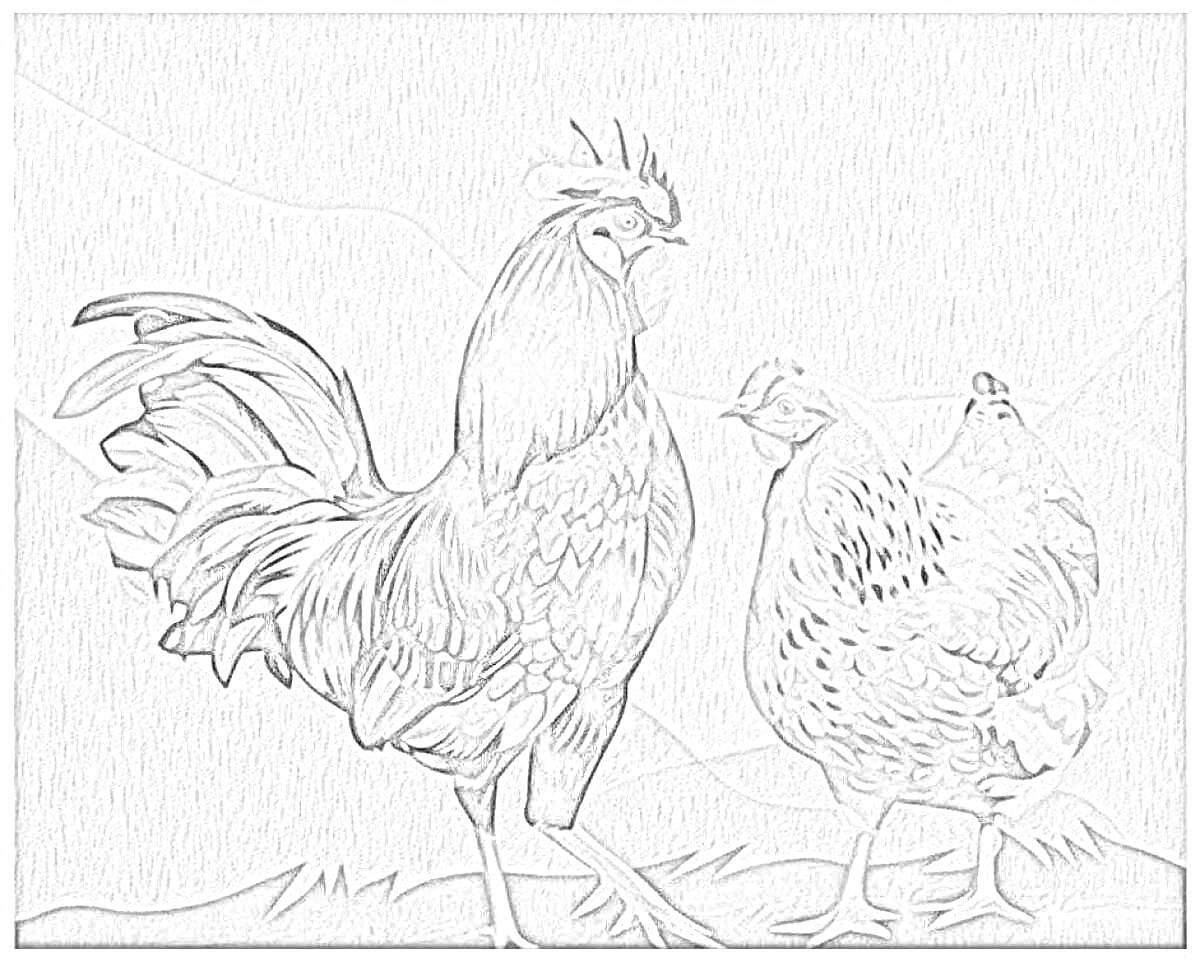 Раскраска Раскраска по номерам с изображением петуха и курицы на траве на фоне деревенского пейзажа