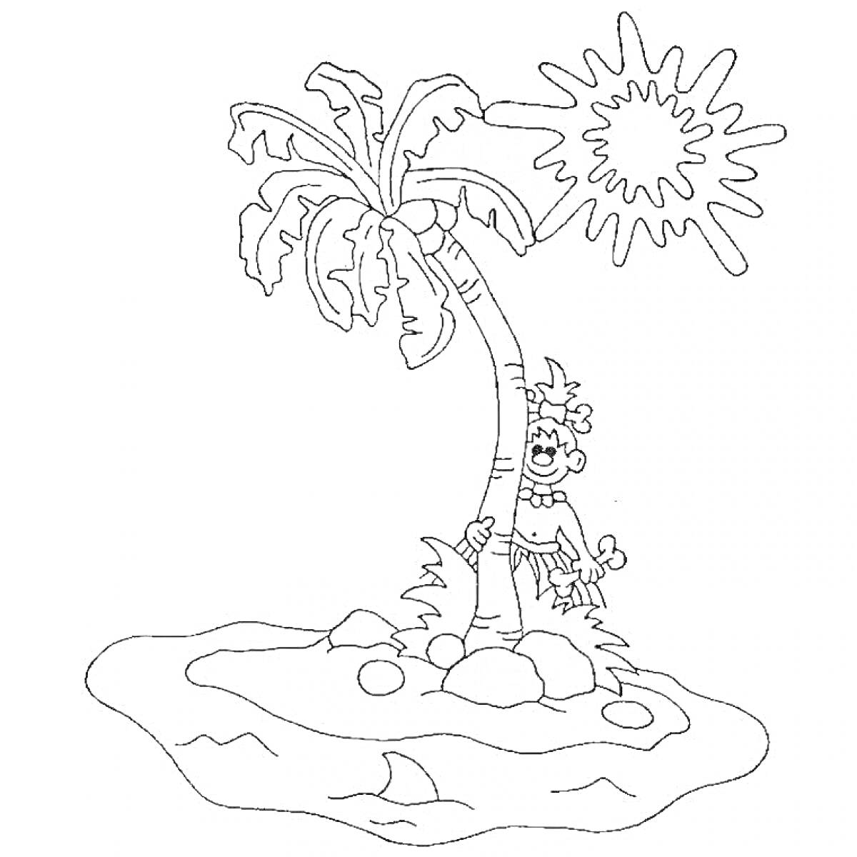 На раскраске изображено: Остров, Человек, Набедренная повязка, Солнце, Море, Природа, Пляж
