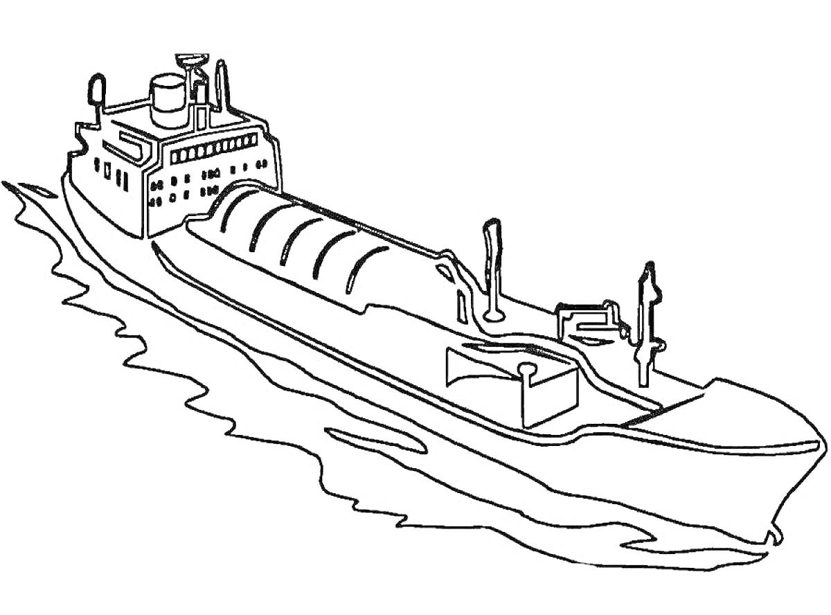 Раскраска Большой грузовой корабль на воде с трубами на палубе и контейнерами