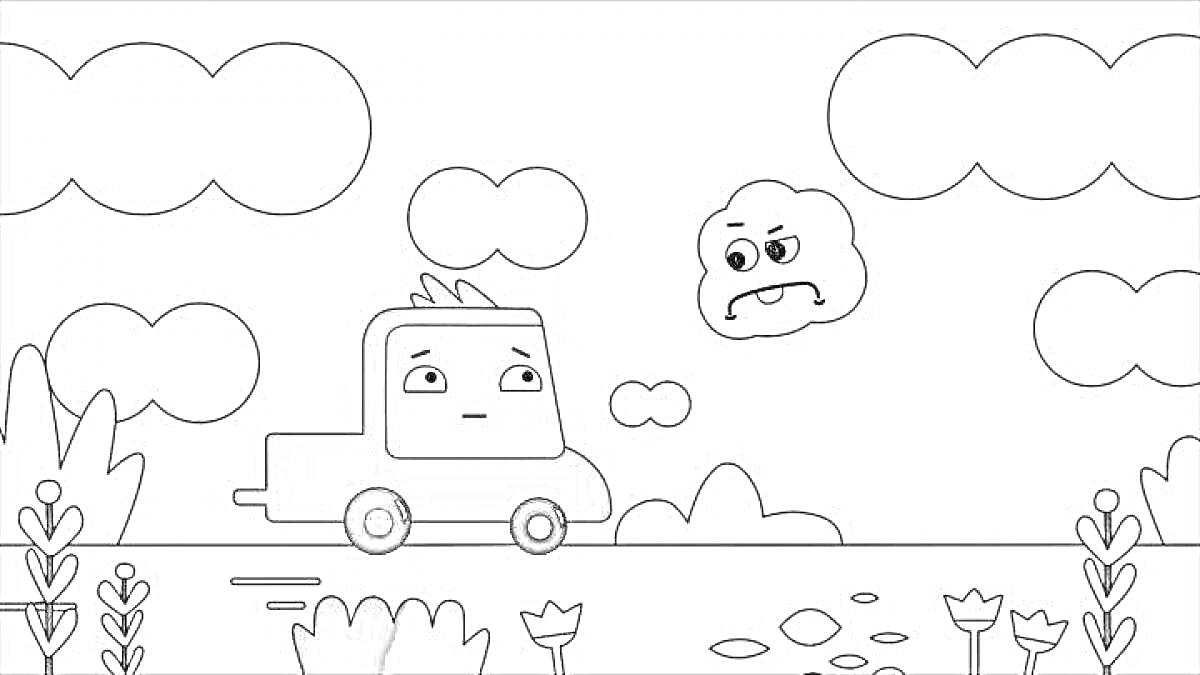 Раскраска Грузовичок на дороге с сердитым облаком в небе, цветами и кустами на заднем плане