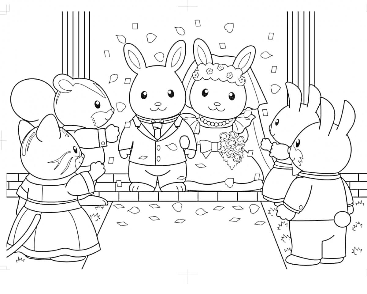 Раскраска Свадьба кроликов с гостями (кот, мышонок и кролики) на фоне свадебных декораций.