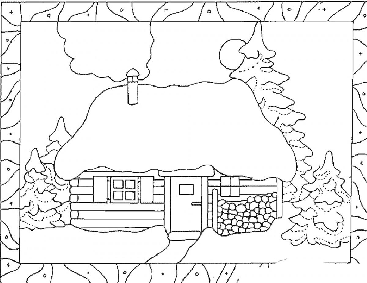 Раскраска Домик в лесу с дымоходом, дровами и елями в снежном пейзаже, окруженный рамкой из листьев