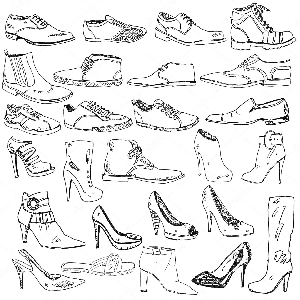 На раскраске изображено: Обувь, Ботинки, Туфли, Каблуки, Кеды, Сапоги, Для детей, Творчество, Контурные рисунки