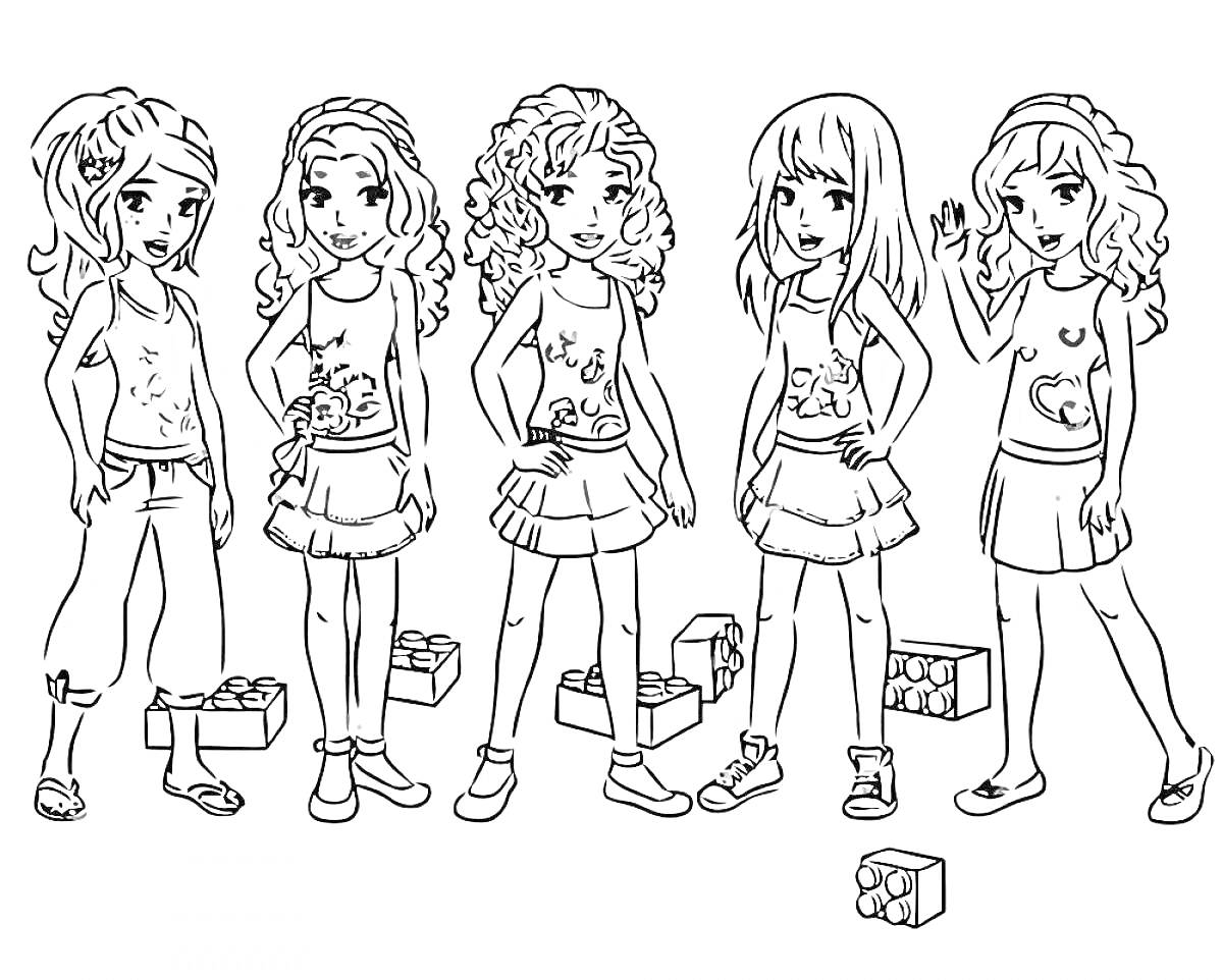 Раскраска Пять девочек с игрушечными кубиками