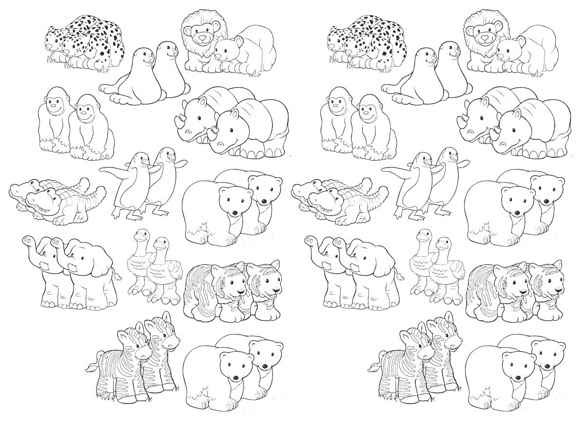На раскраске изображено: Леопард, Человек, Зимняя одежда, Тюлени, Носороги, Зубр, Крокодил, Пингвины, Зебры, Животные, Белый медведь