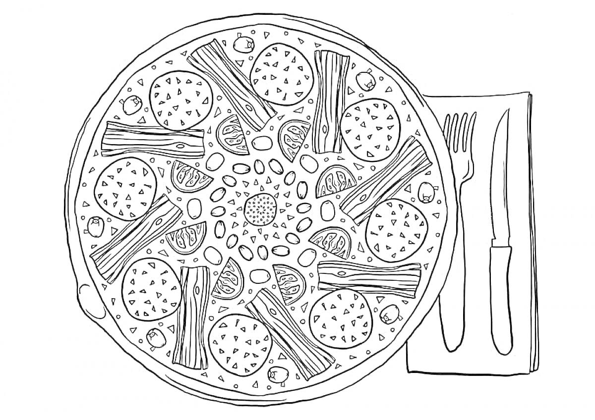 Раскраска Пицца с колбасой, грибами, зеленью и спаржей, сервирована с ножом и вилкой на салфетке
