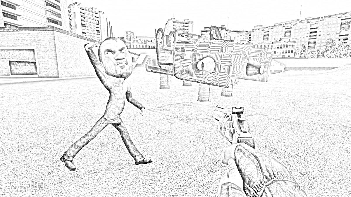 Раскраска Человек с большой головой бросает объект, пистолет, фантастический фон, городские здания