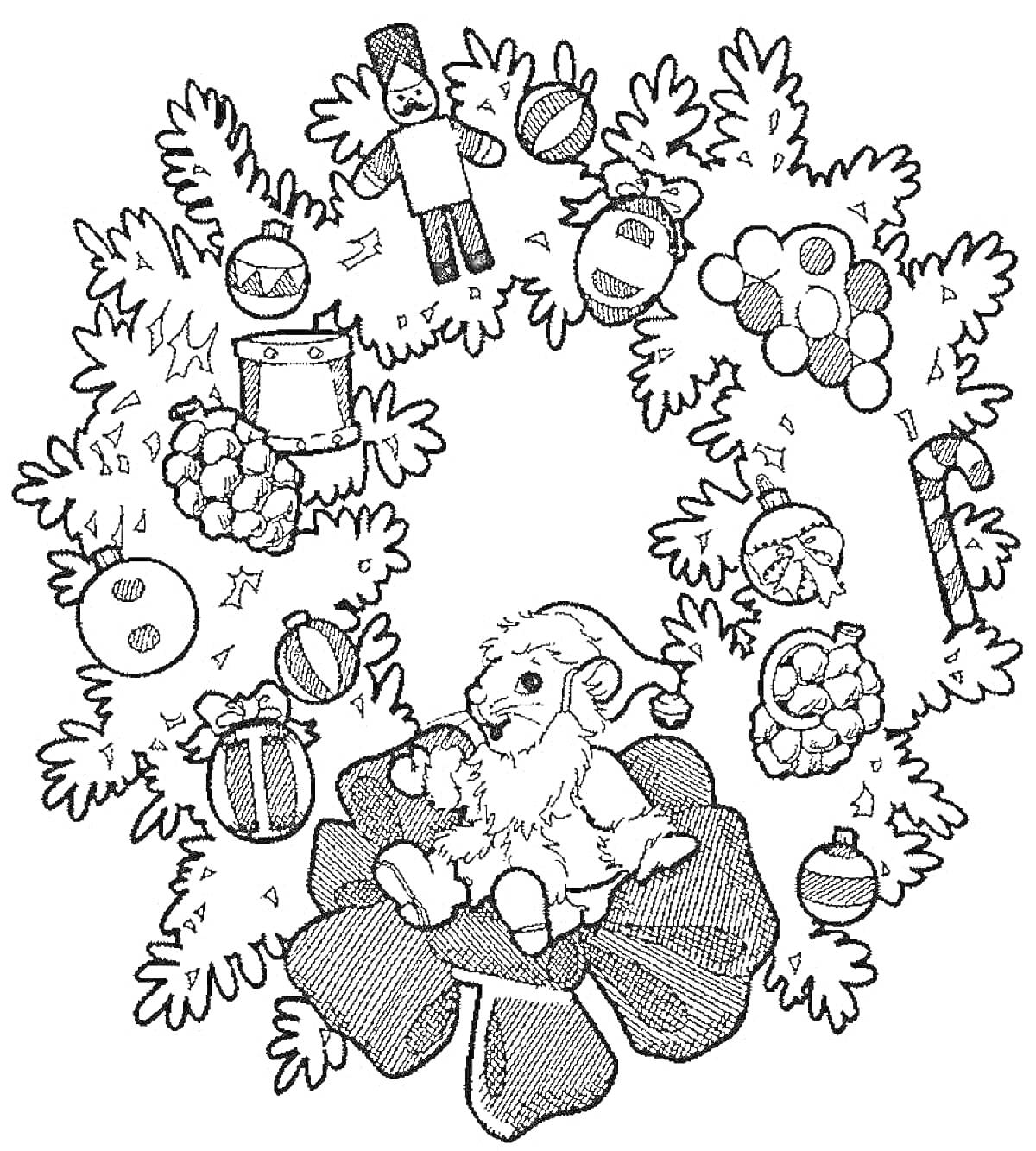 На раскраске изображено: Венок, Рождество, Елочные игрушки, Игрушки, Подарки, Орех, Елочный шар, Палочка, Санта Клаус