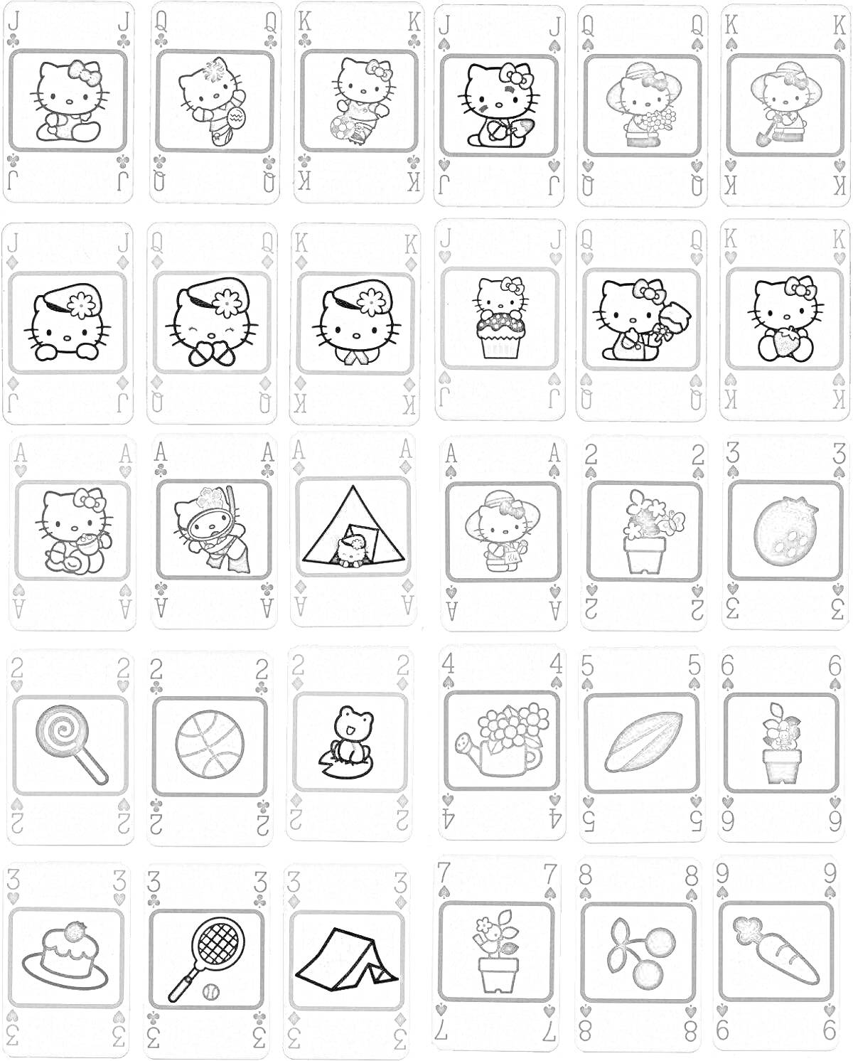 Карточки Уно с изображениями Hello Kitty и разными предметами, включая игрушки, палатки, цветы, сладости, и спортивные предметы
